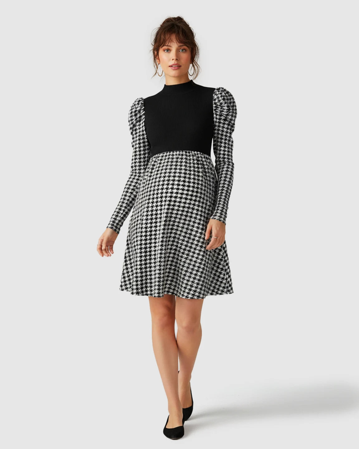Houndstooth Pattern Elegant Maternity Short Dress