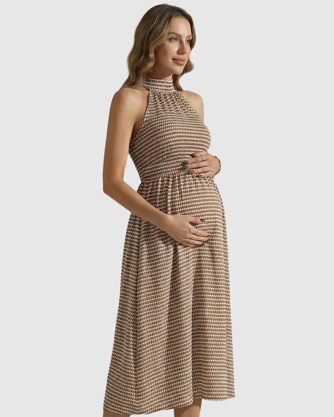 Halter Mock Neck Retro Maternity Midi Dress