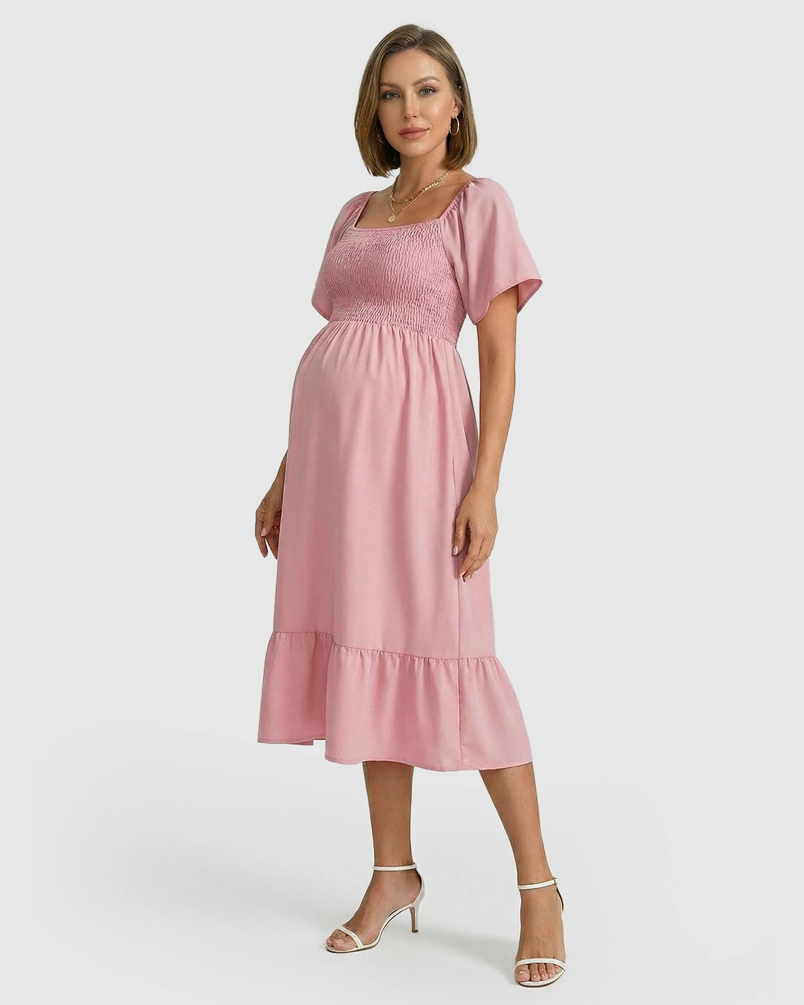 Smocked Square Neck Ruffled A-line Maternity Dress