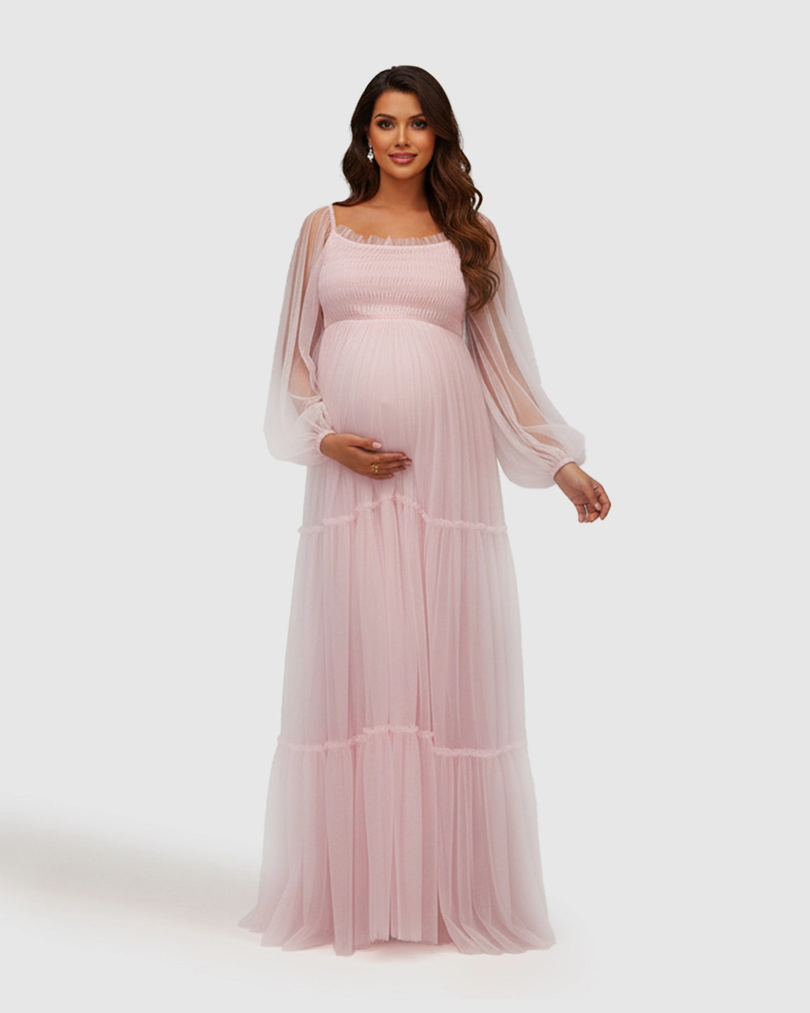 Lantern-Sleeve Tiered Tulle Maternity Photoshoot Gown