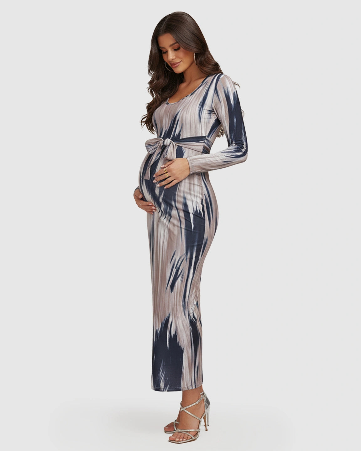 Adjustable Tie-Waist Ink-Wash Maternity Maxi Dress