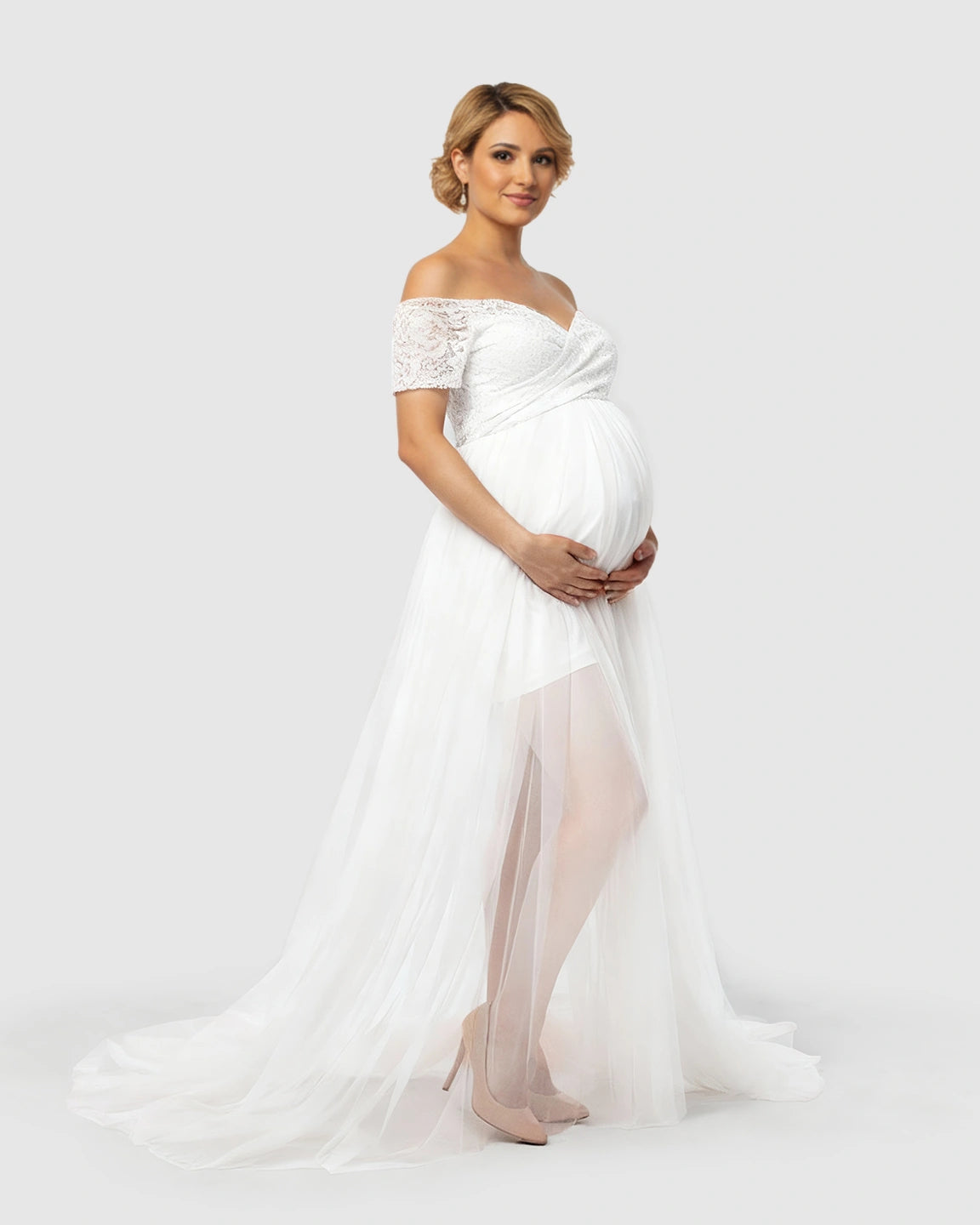 Lace & Mesh Off-Shoulder Maternity Gown
