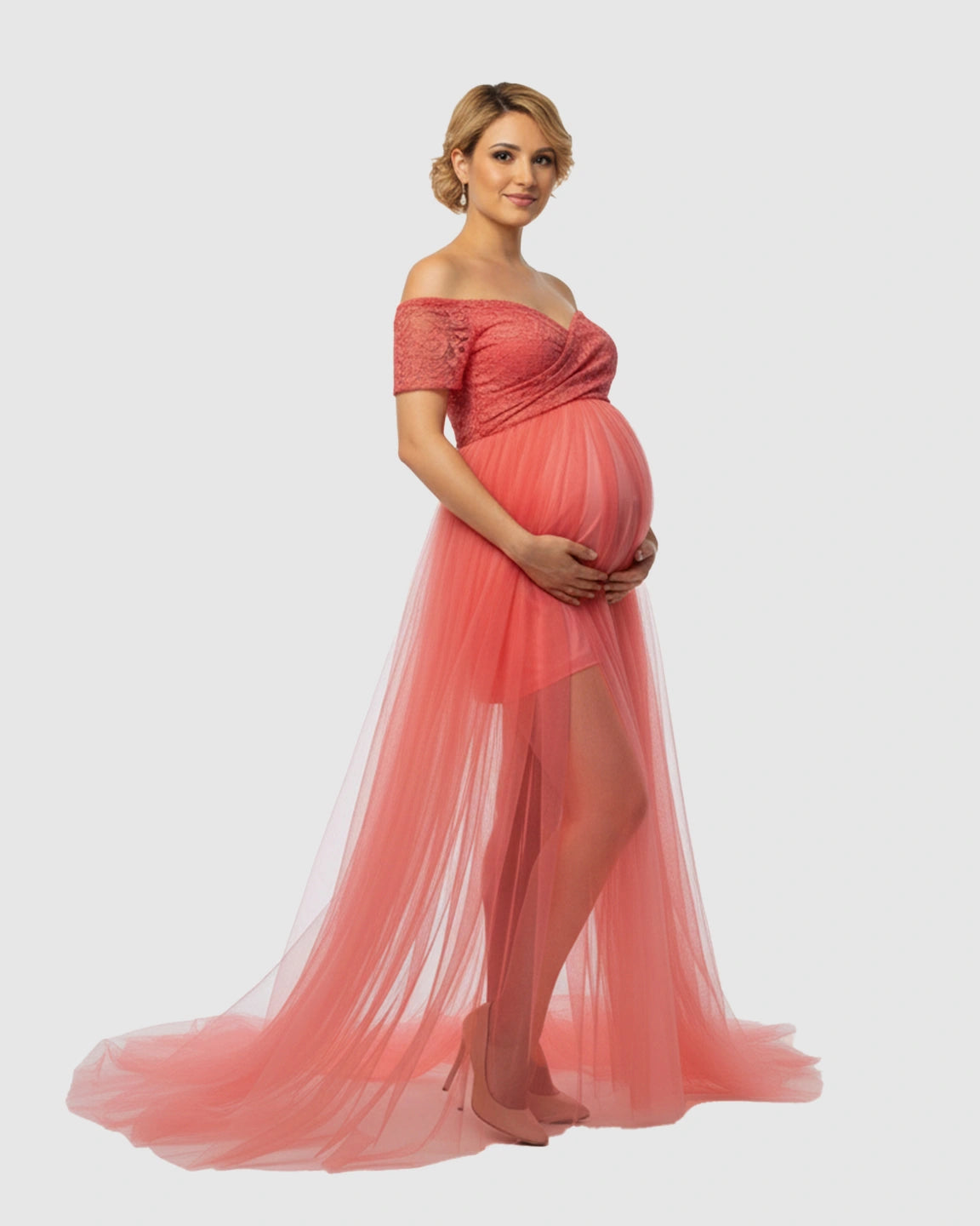 Lace & Mesh Off-Shoulder Maternity Gown