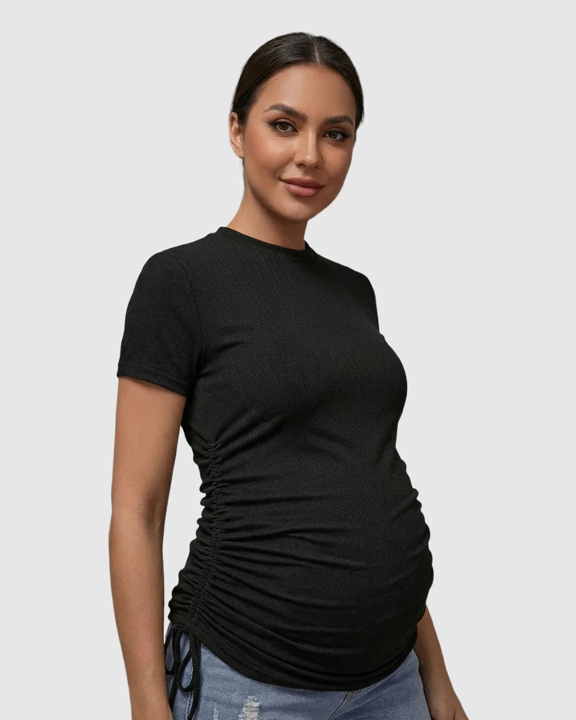 Ruched Waist Casual Maternity Top With Denim Shorts
