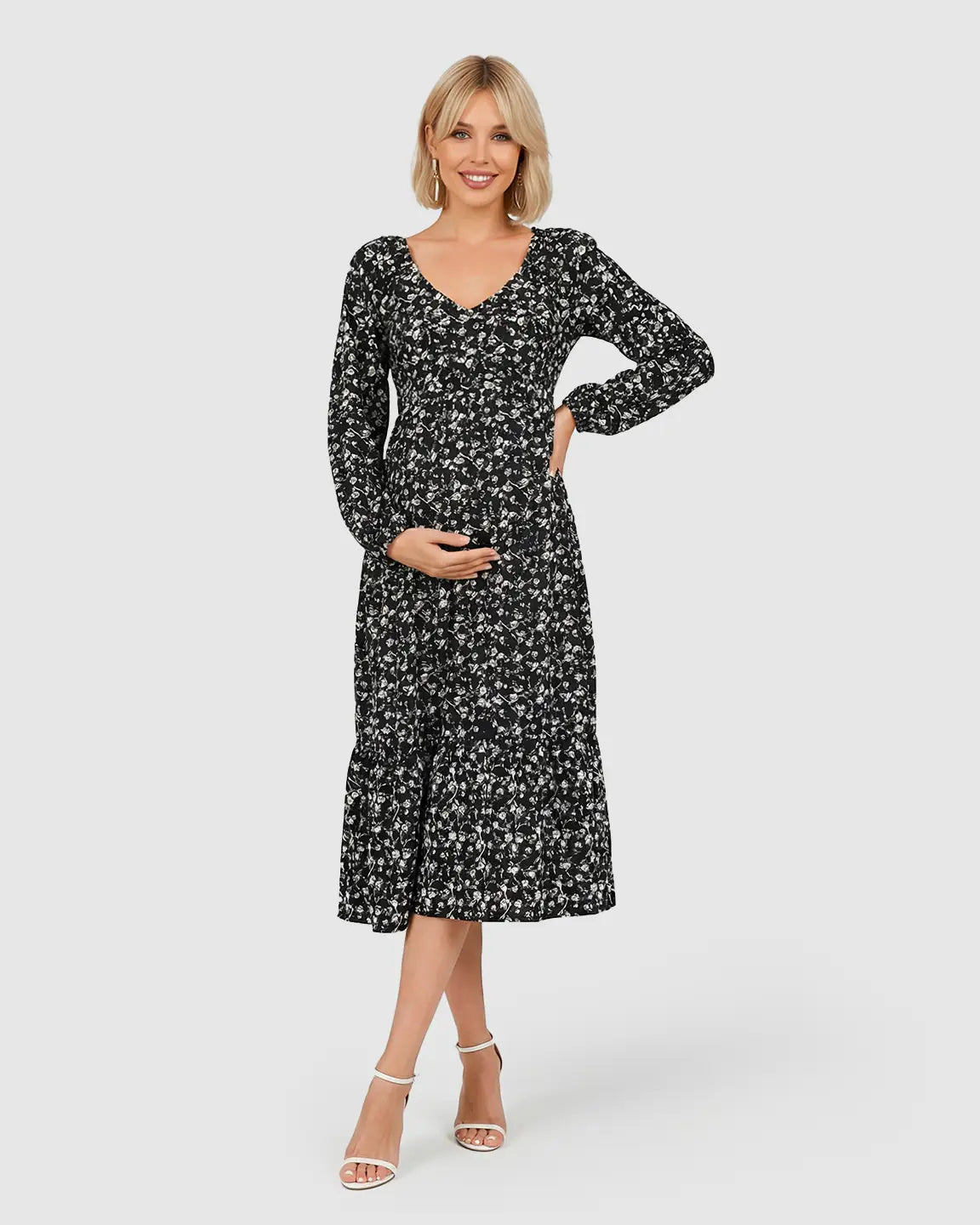 Long Sleeve Dark Floral Print Maternity Midi Dress