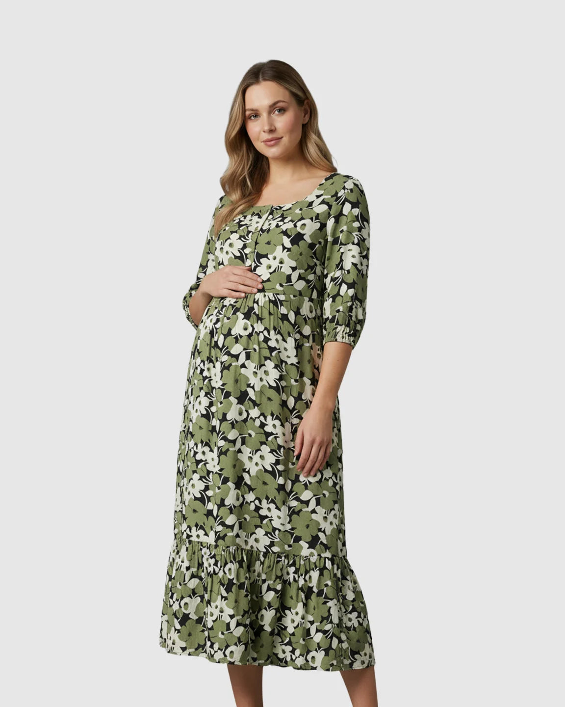 Button-Front Square Neck Maternity Midi Dress