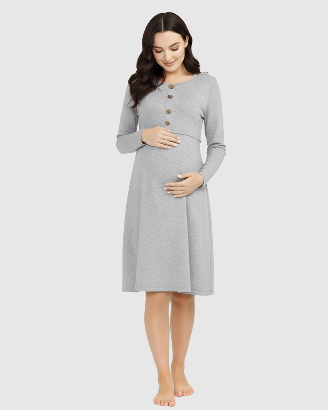 Button-Front Empire Waist Long Sleeve Nursing Dress