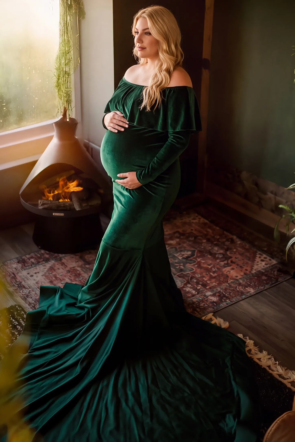 Velvet Off Shoulder Long Sleeve Maternity Mermaid Gown
