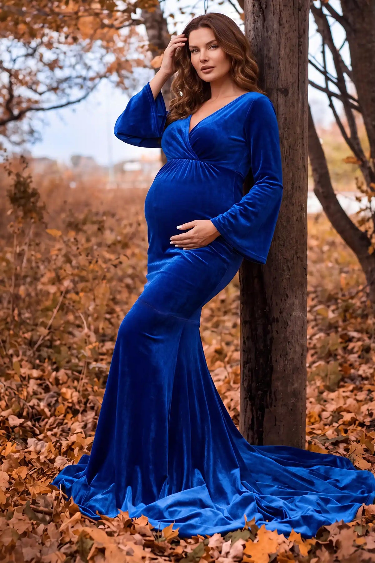 Velvet Long Bell Sleeve Maternity Mermaid Gown