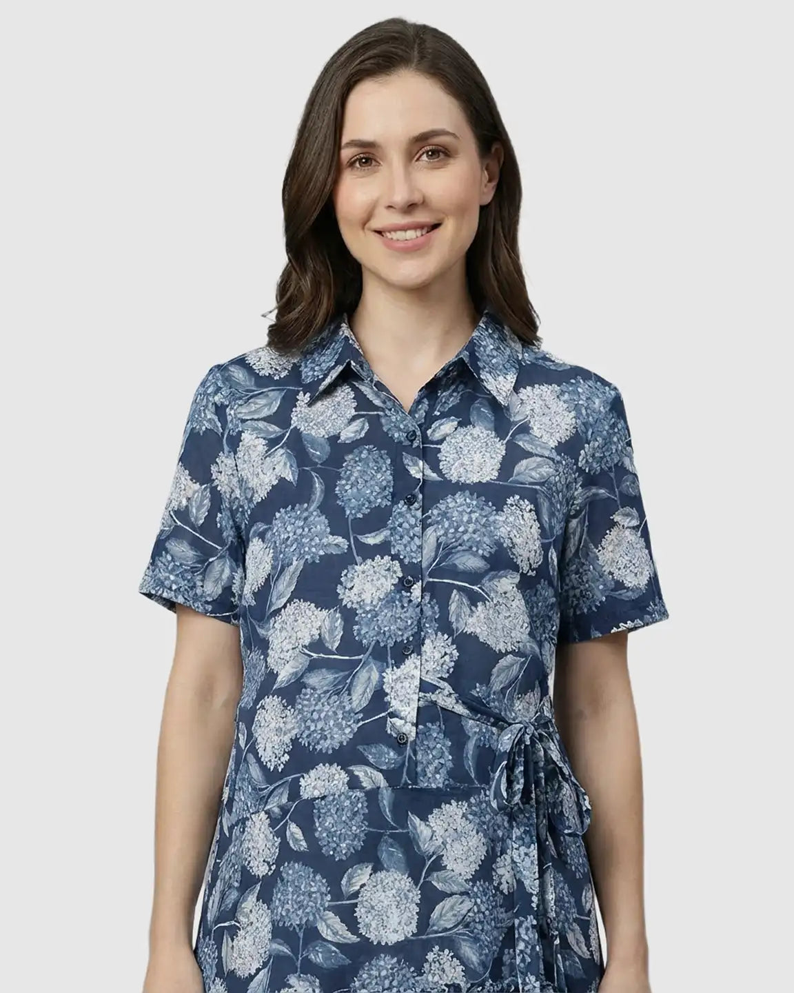 Floral-Lapel Casual Maternity Midi Dress