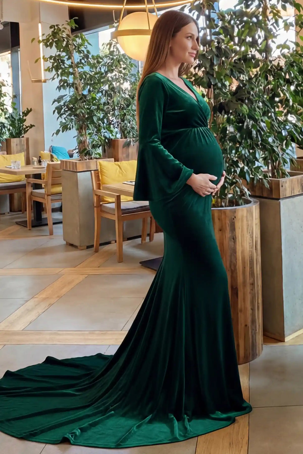 Velvet Long Bell Sleeve Maternity Mermaid Gown