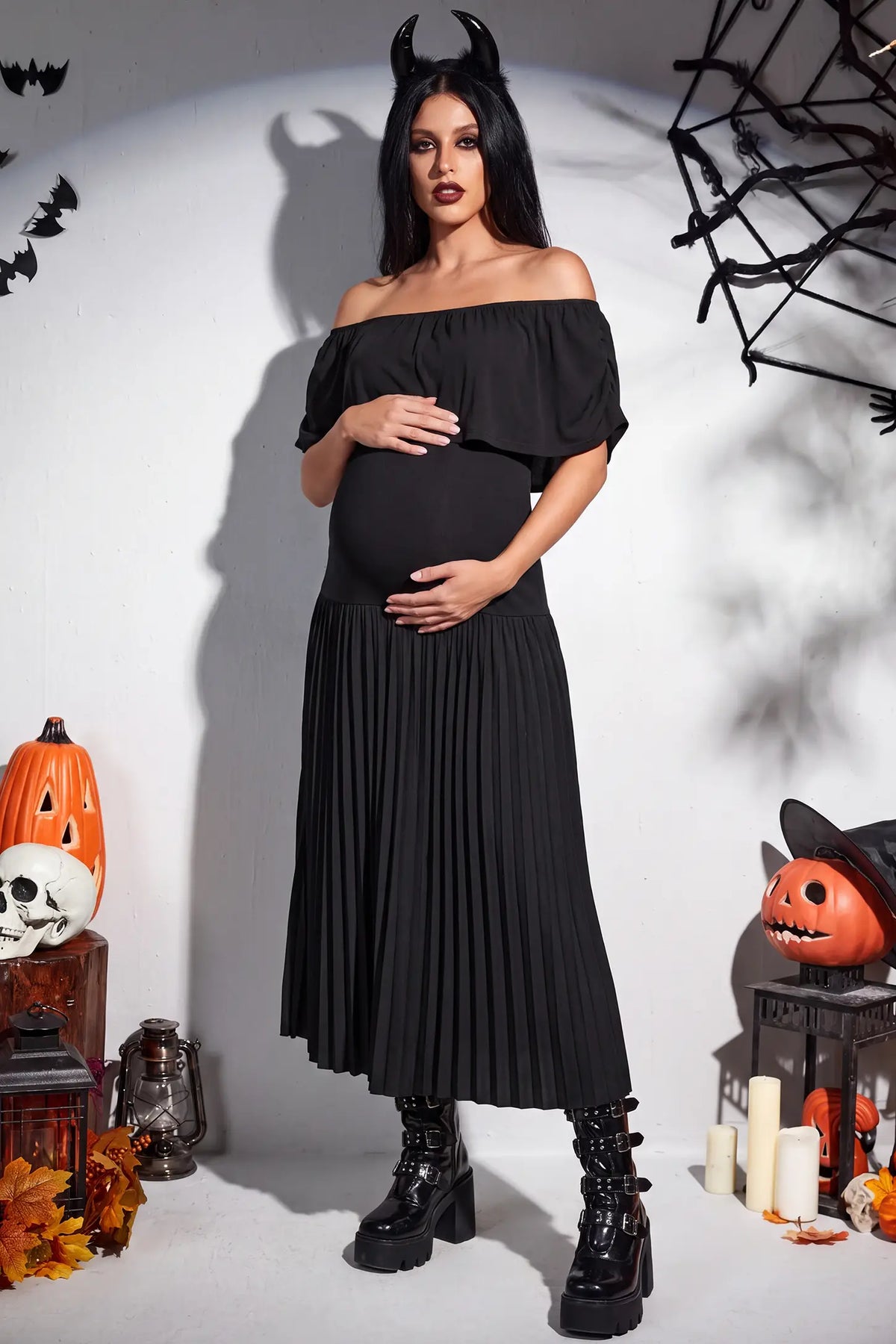Pleated Off Shoulder Maternity Maxi Dress
