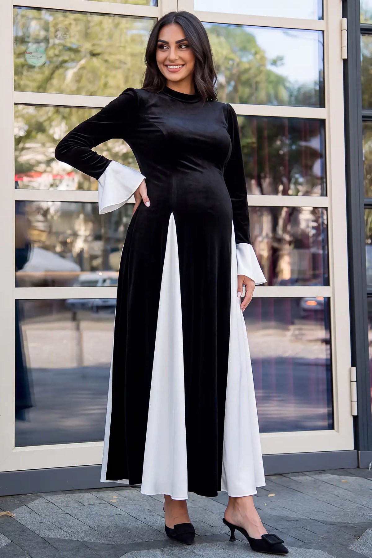 Mock Neck Long Sleeve Contrast Maternity Maxi Dress