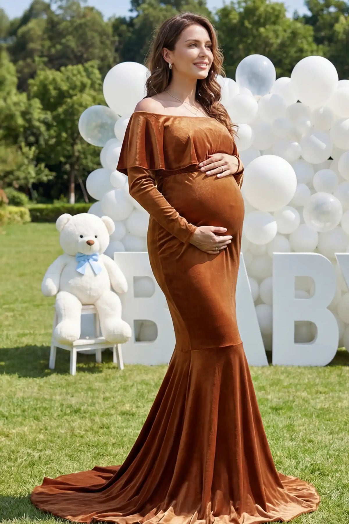 Velvet Off Shoulder Long Sleeve Maternity Mermaid Gown