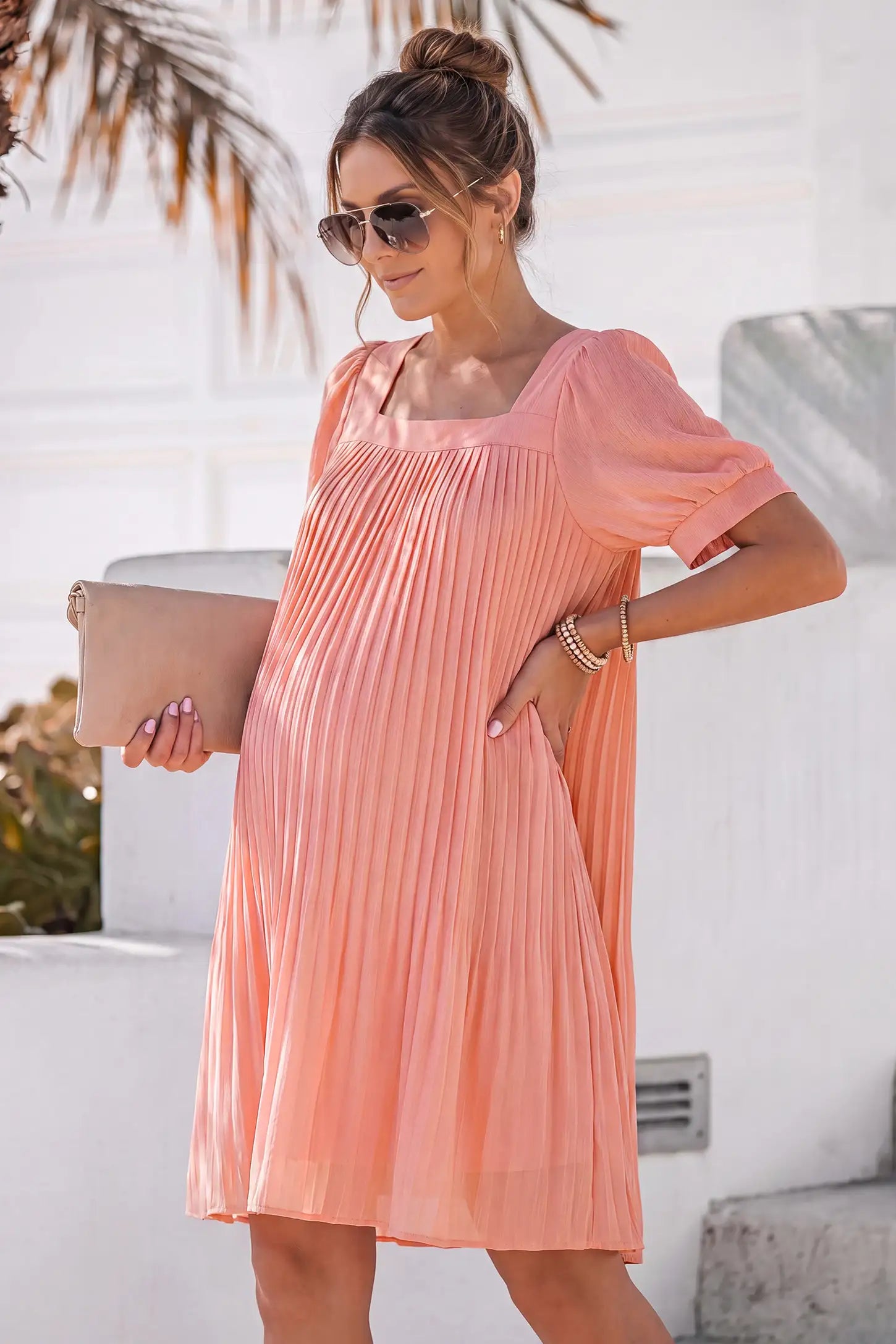 Pleated Front Square Neck Maternity Short Dress