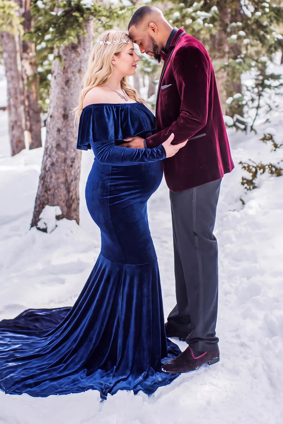Velvet Off Shoulder Long Sleeve Maternity Mermaid Gown