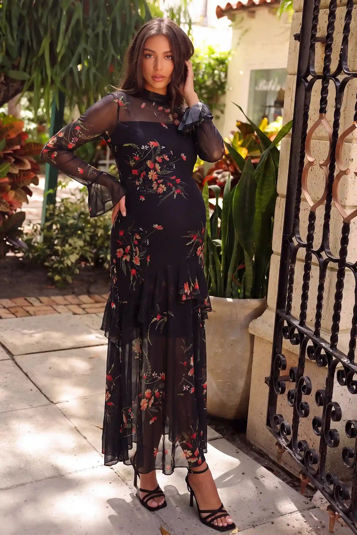 High Neck Long Sleeve Mesh Floral Maternity Dress