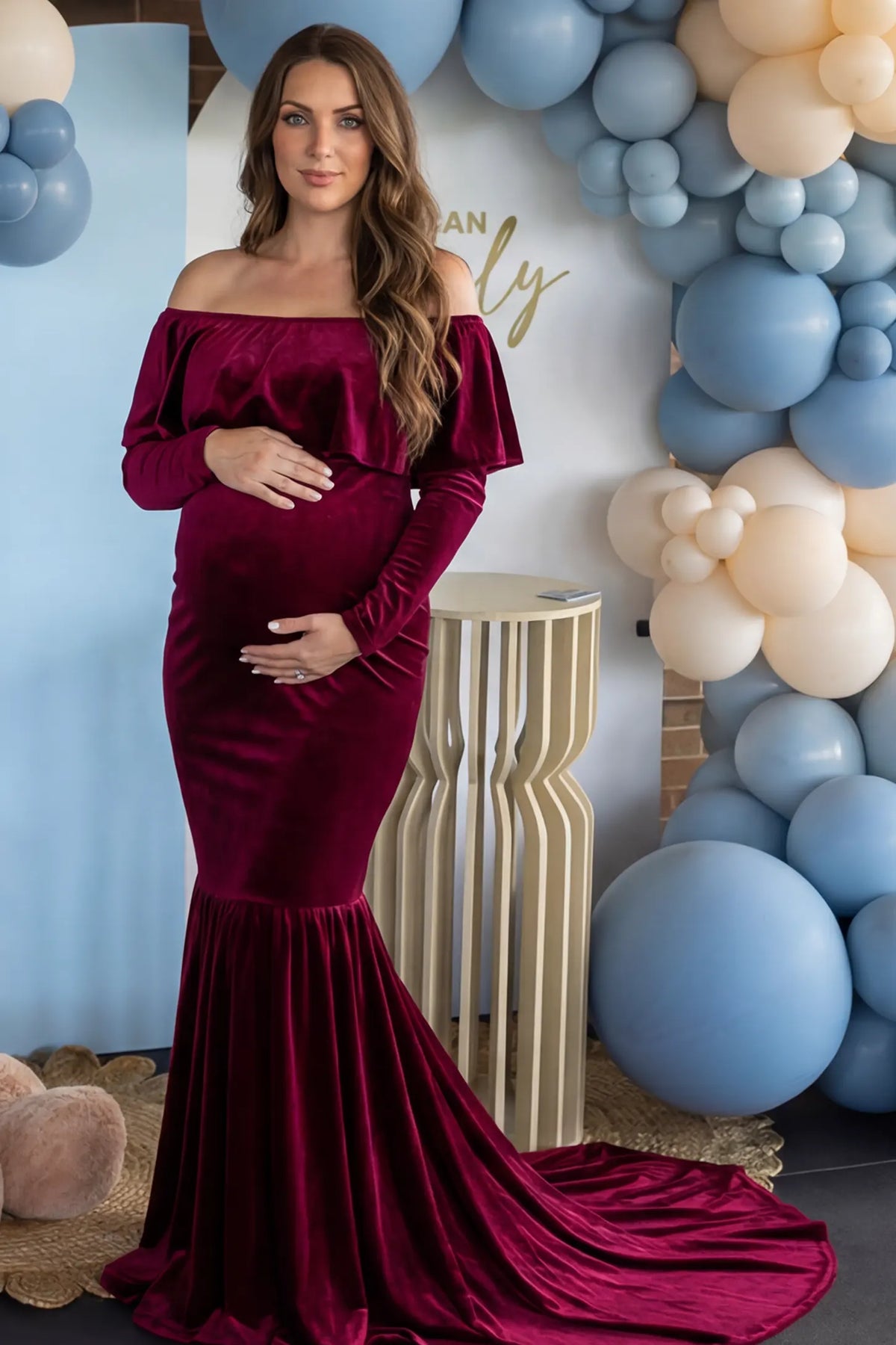 Velvet Off Shoulder Long Sleeve Maternity Mermaid Gown