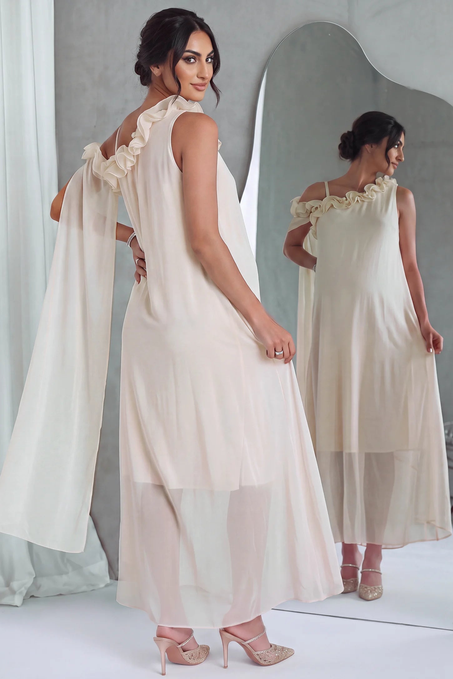 One Shoulder Ruffle Cape Maternity Maxi Dress
