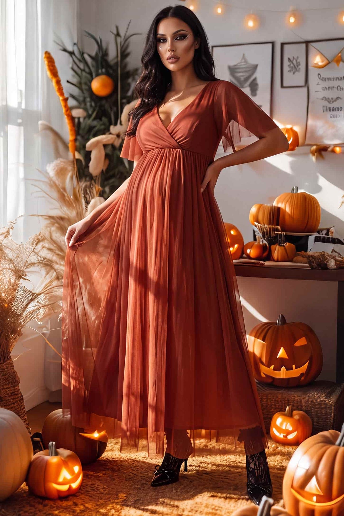 Chiffon Flutter Sleeve V-Neck Maternity Maxi Dress