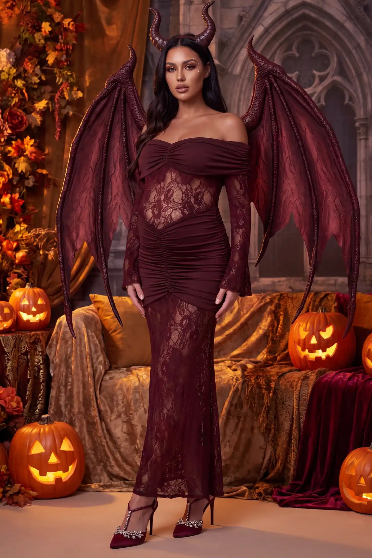 Ruched Lace Off-Shoulder Maternity Gown
