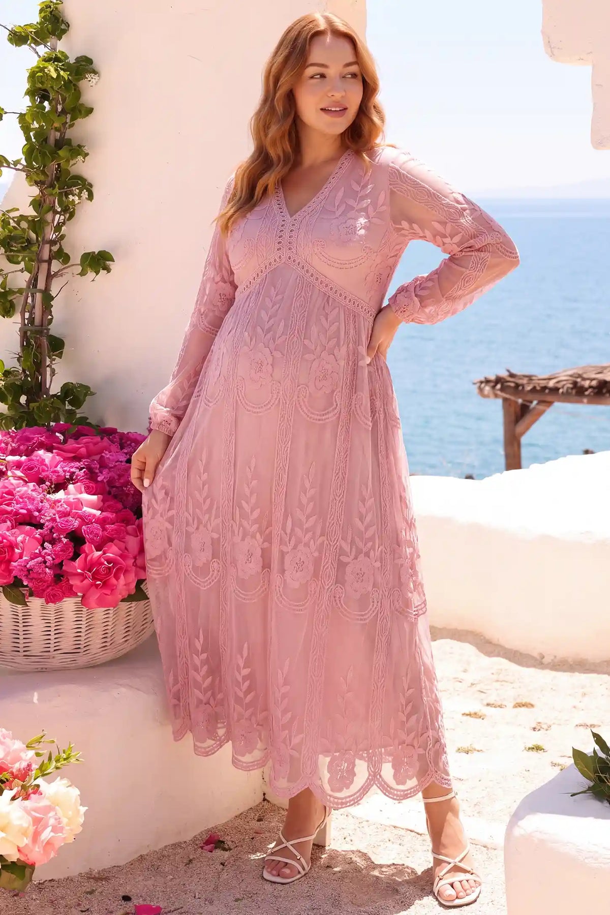 V-Neck Long Sleeve Lace Maternity Dress