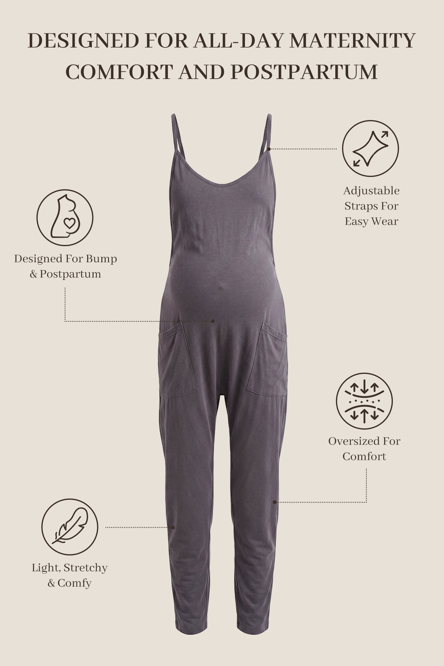 Adjustable Strap Pocketed Relaxed Maternity Jumpsuit