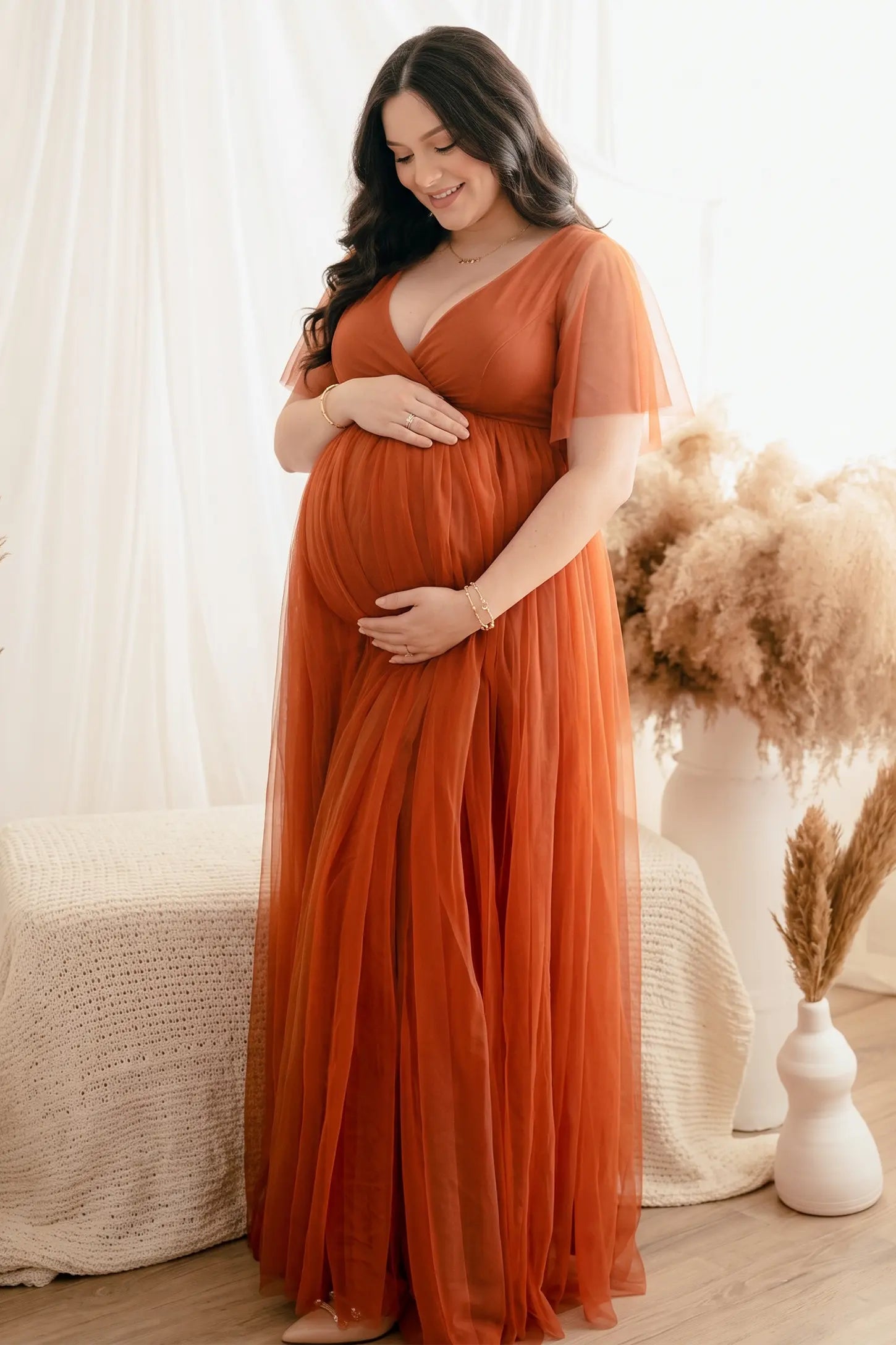 Chiffon Flutter Sleeve V-Neck Maternity Maxi Dress