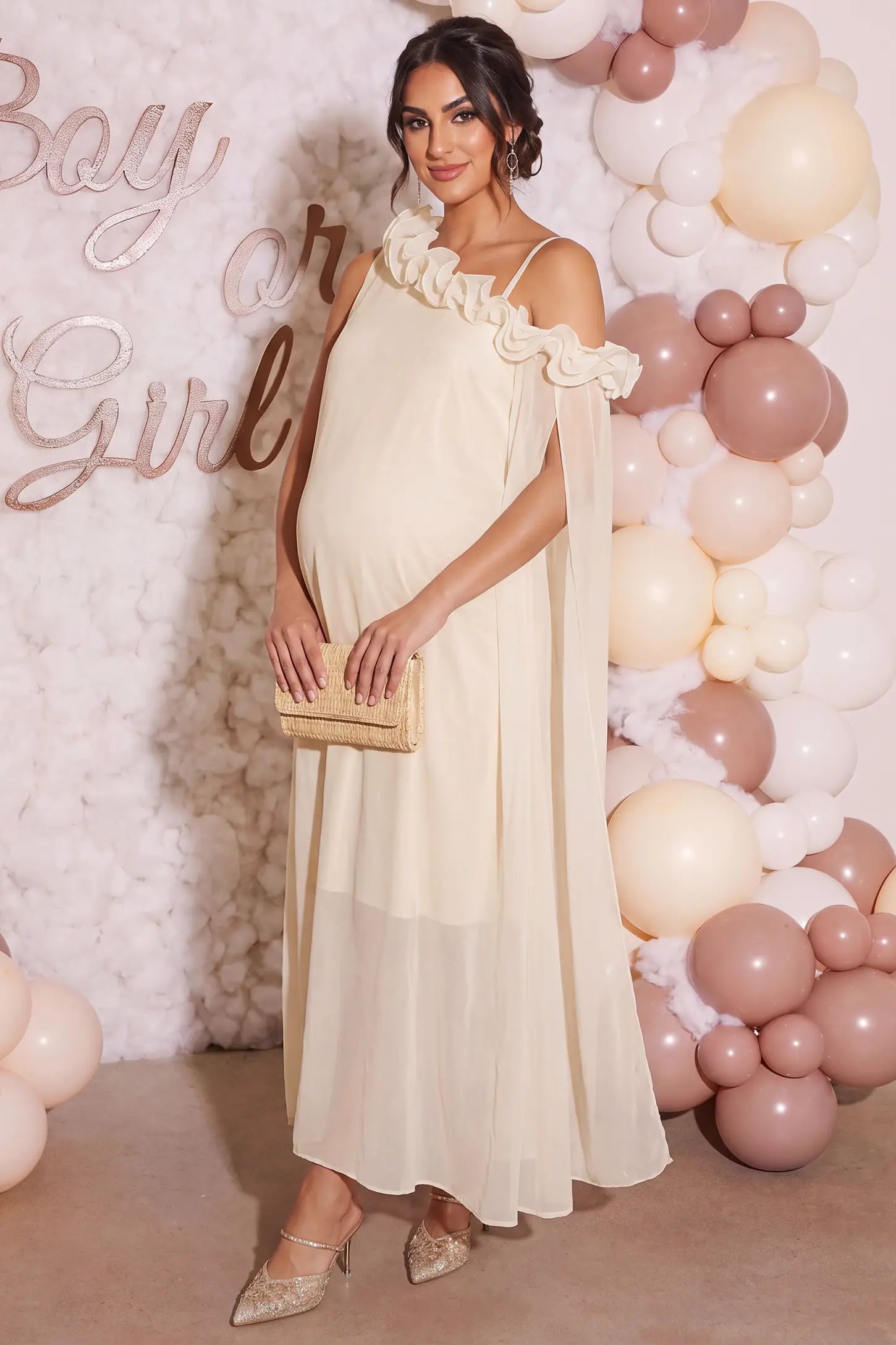 One Shoulder Ruffle Cape Maternity Maxi Dress