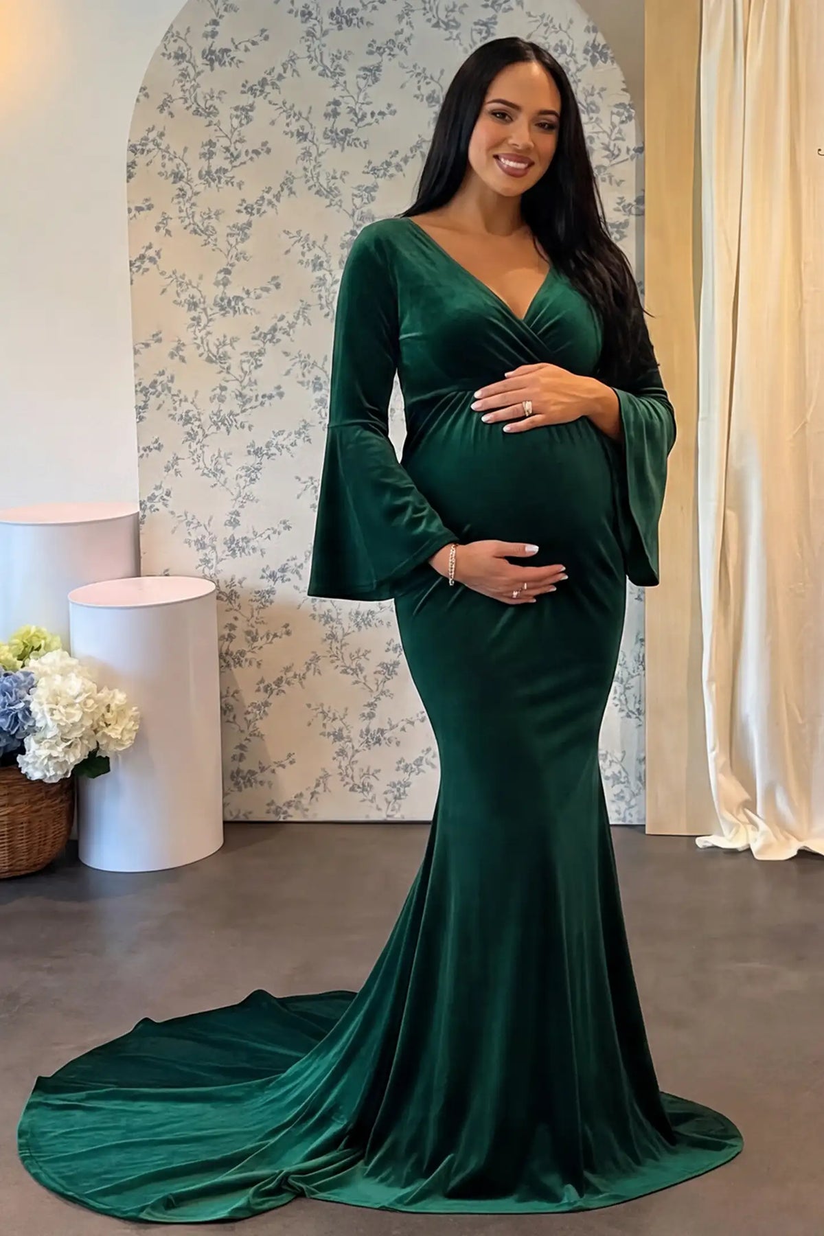 Velvet Long Bell Sleeve Maternity Mermaid Gown