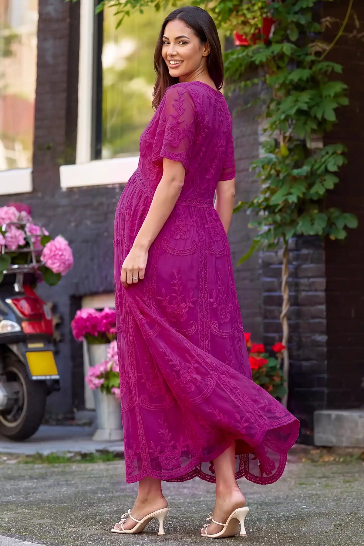 Lace Short Sheer Sleeve Maternity Maxi Dress