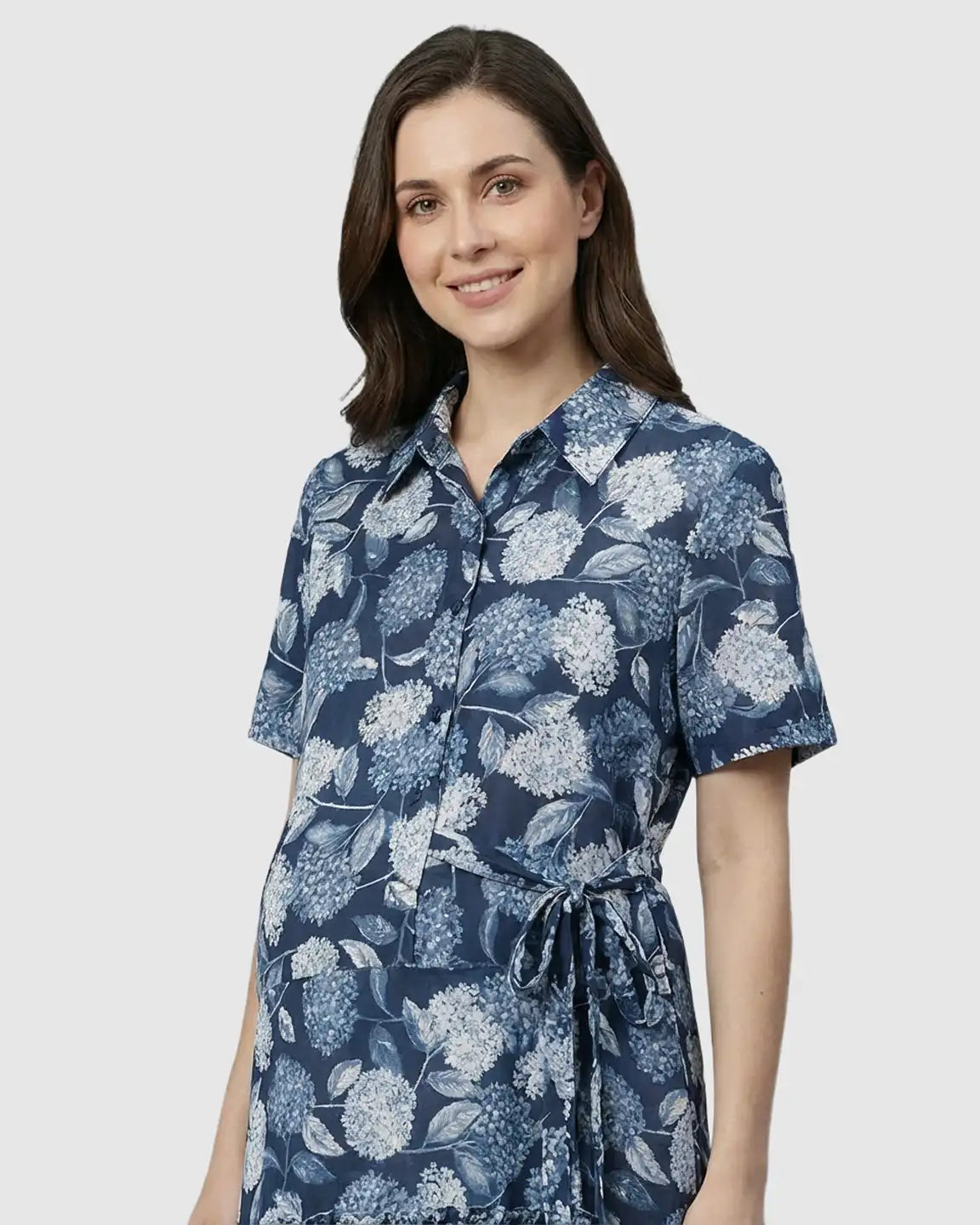 Floral-Lapel Casual Maternity Midi Dress