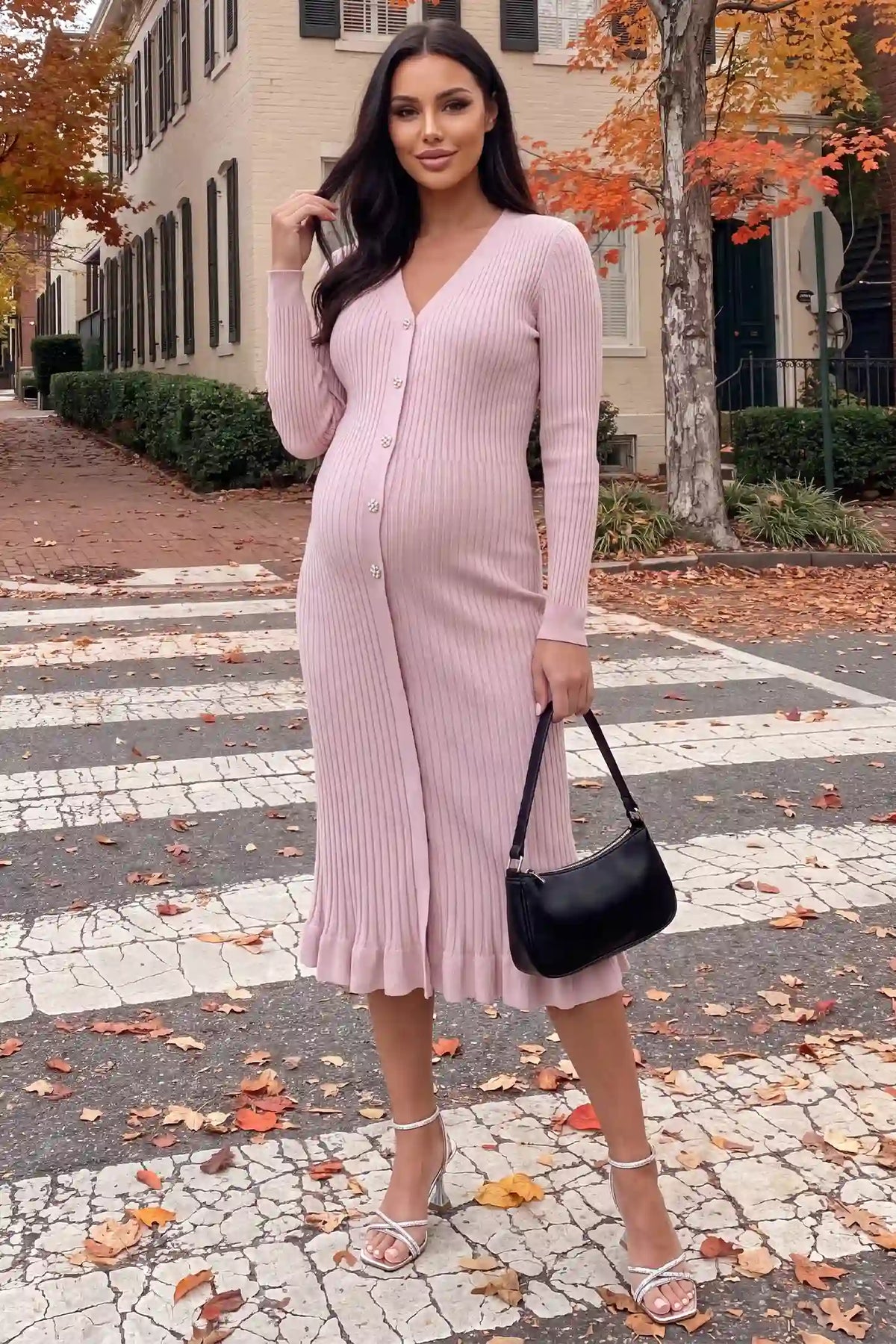 Ribbed V-Neck Maternity Midi Sweater Dress