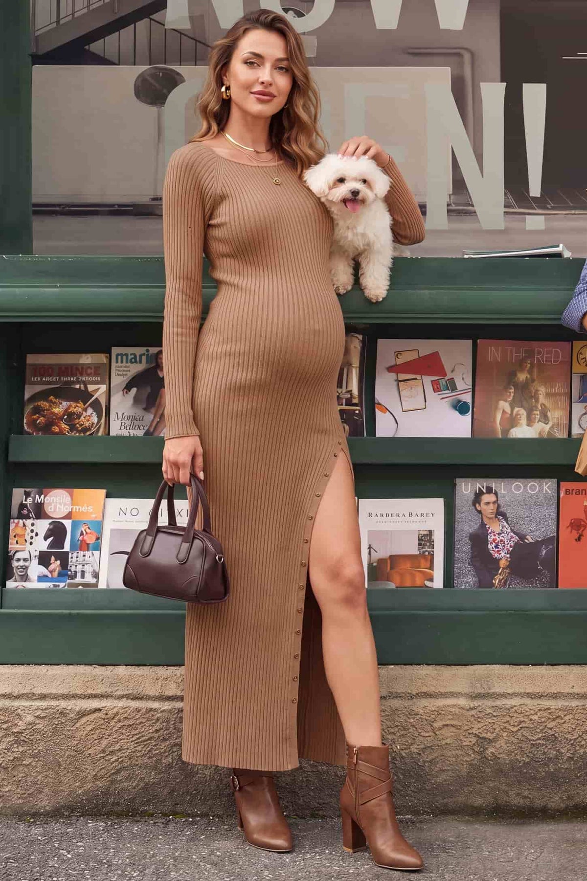 Ribbed Long Sleeve Side Slit Maternity Maxi Dress