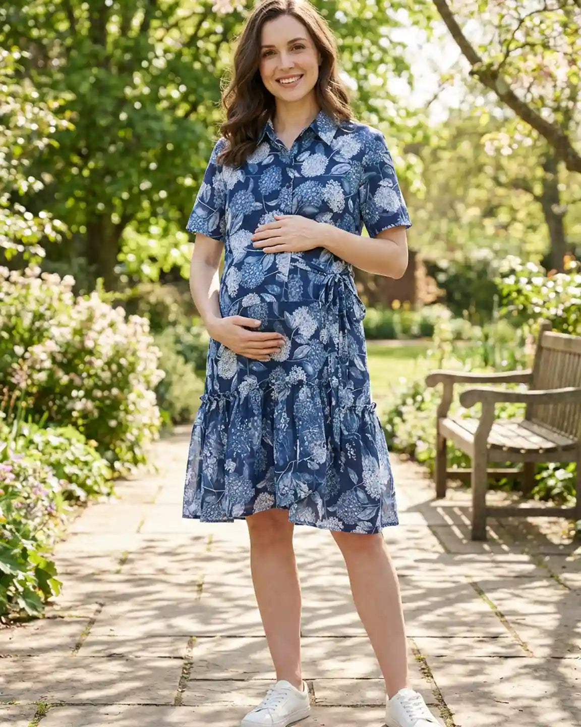 Floral-Lapel Casual Maternity Midi Dress