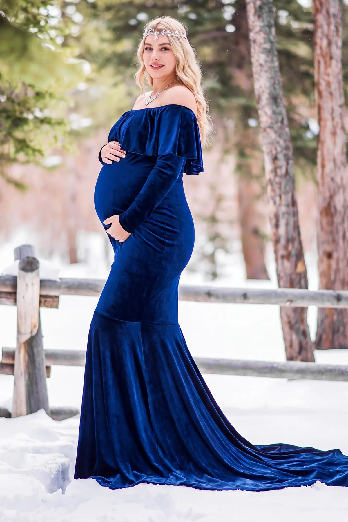 Velvet Off Shoulder Long Sleeve Maternity Mermaid Gown