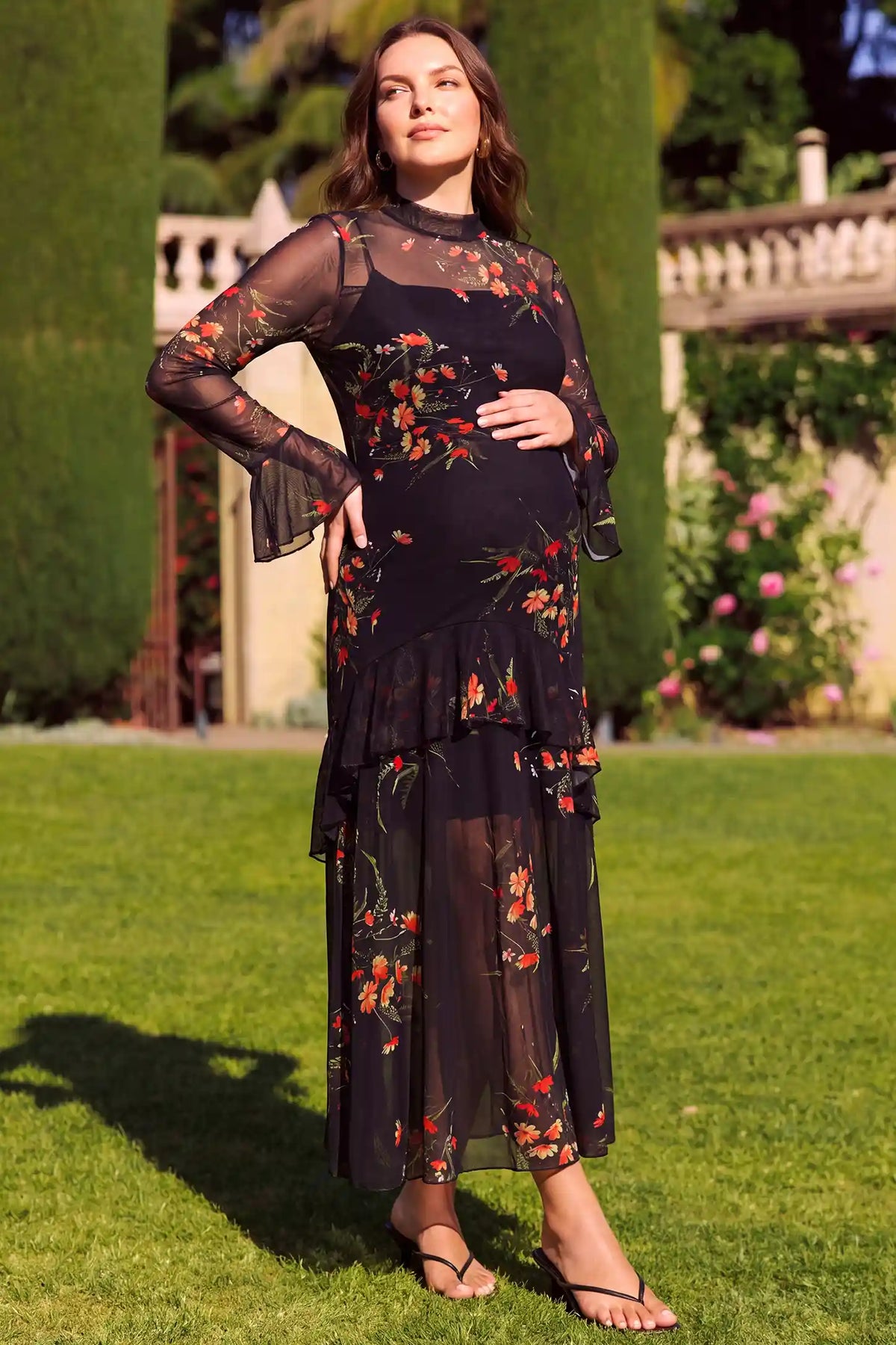 High Neck Long Sleeve Mesh Floral Maternity Dress