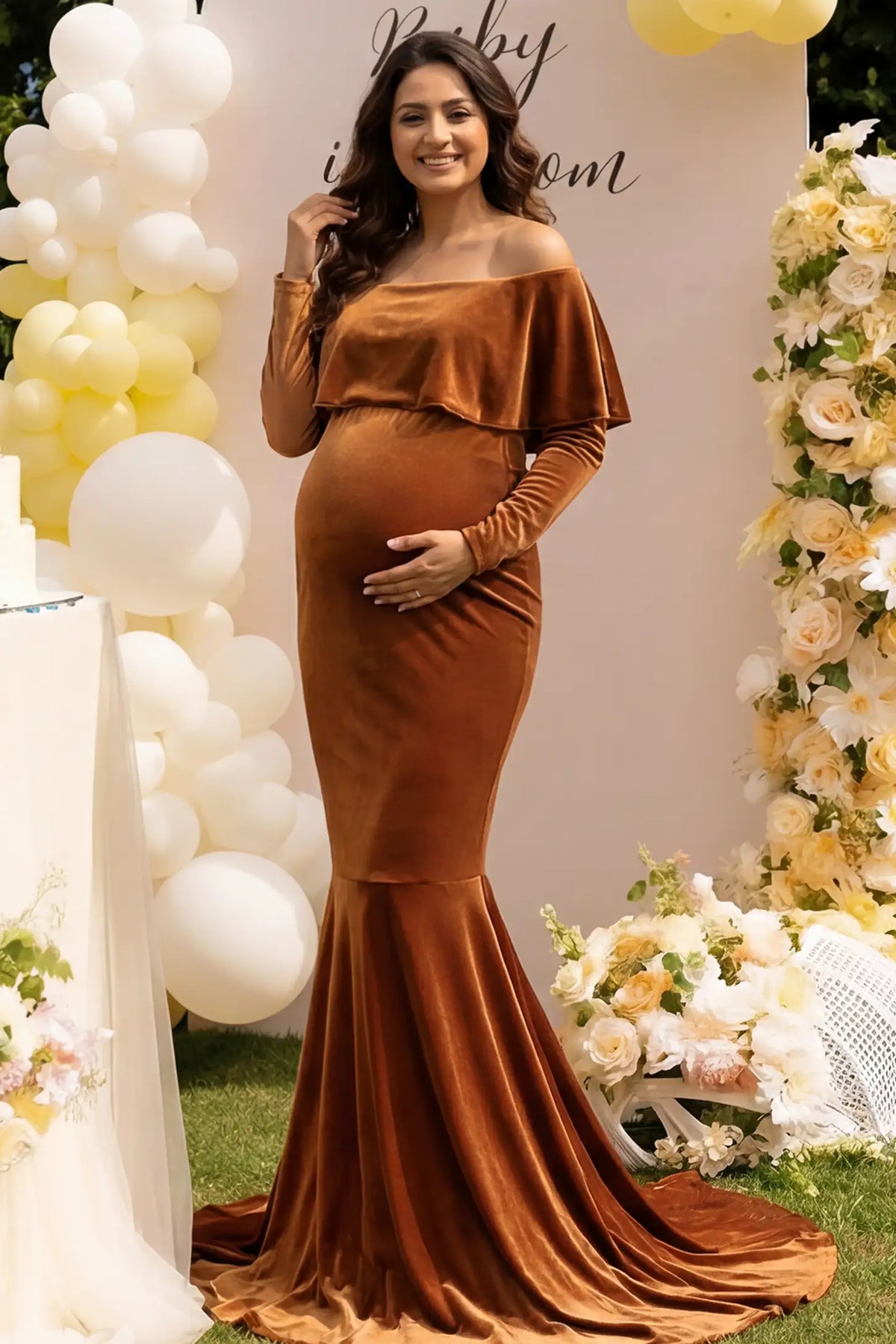 Velvet Off Shoulder Long Sleeve Maternity Mermaid Gown