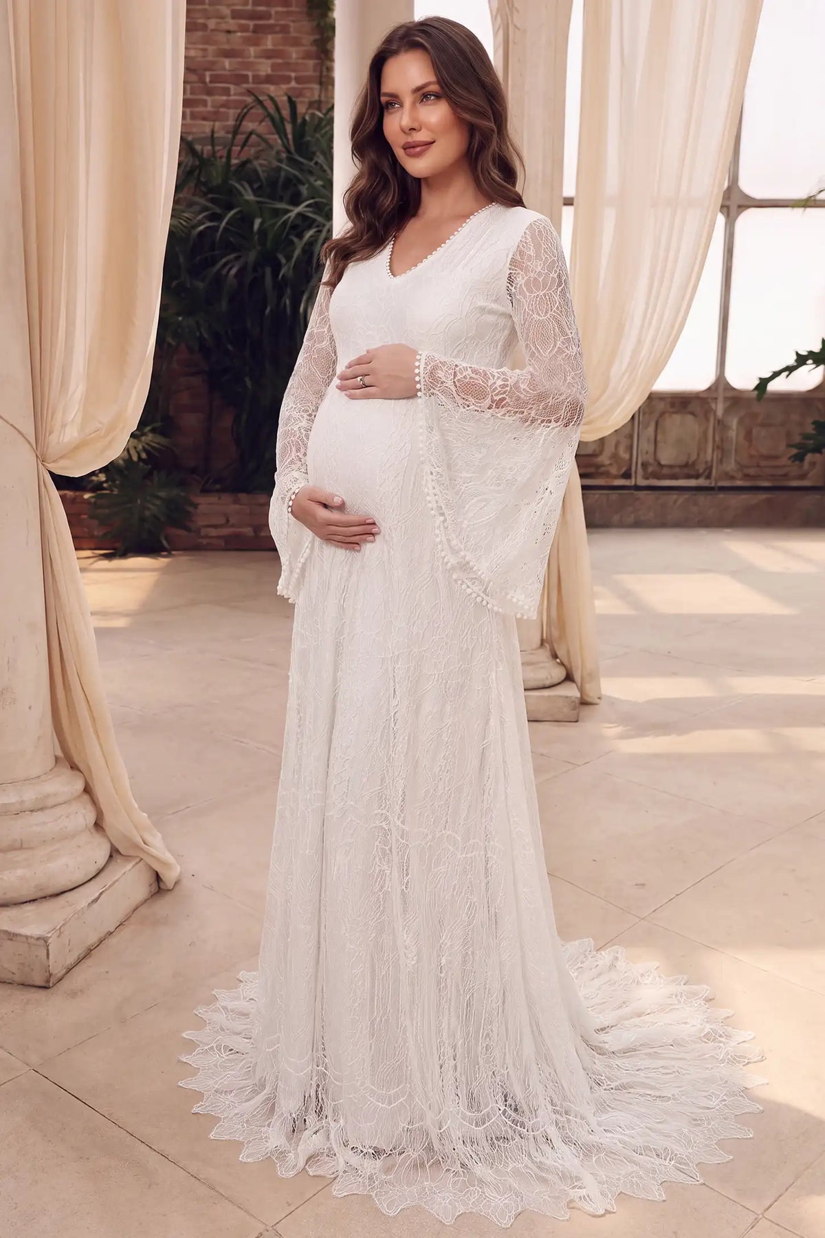 Lace Bell-Sleeve Maternity Dress