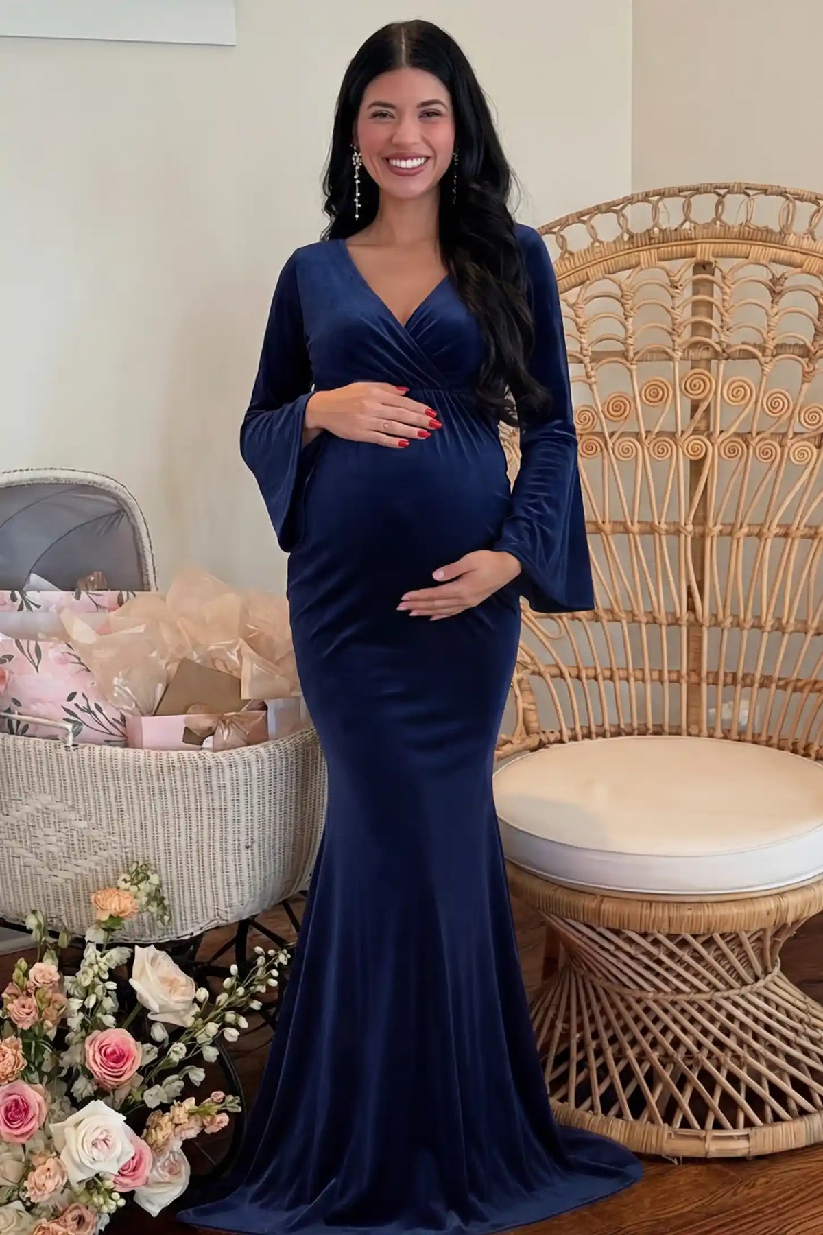 Velvet Long Bell Sleeve Maternity Mermaid Gown
