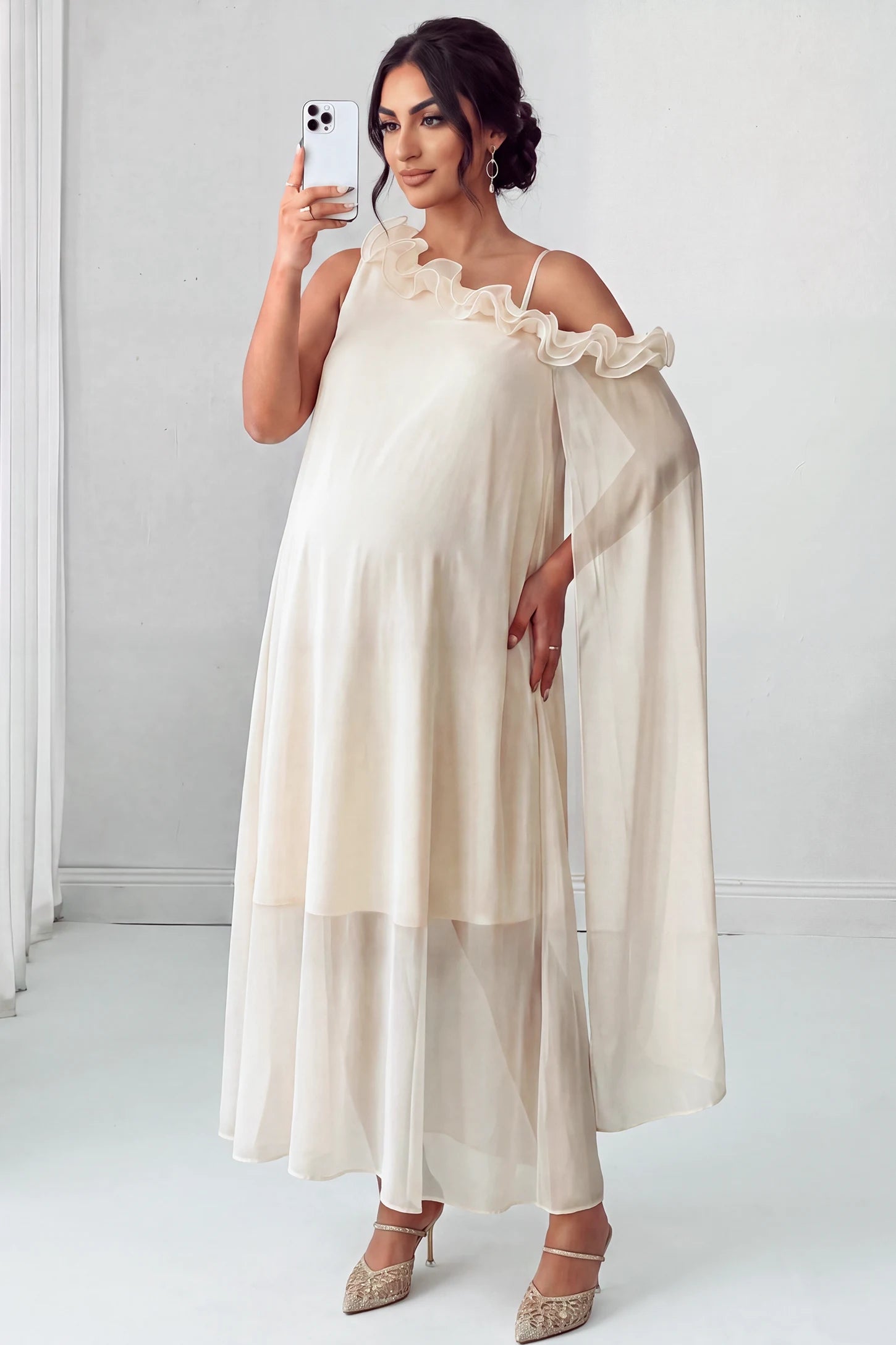 One Shoulder Ruffle Cape Maternity Maxi Dress