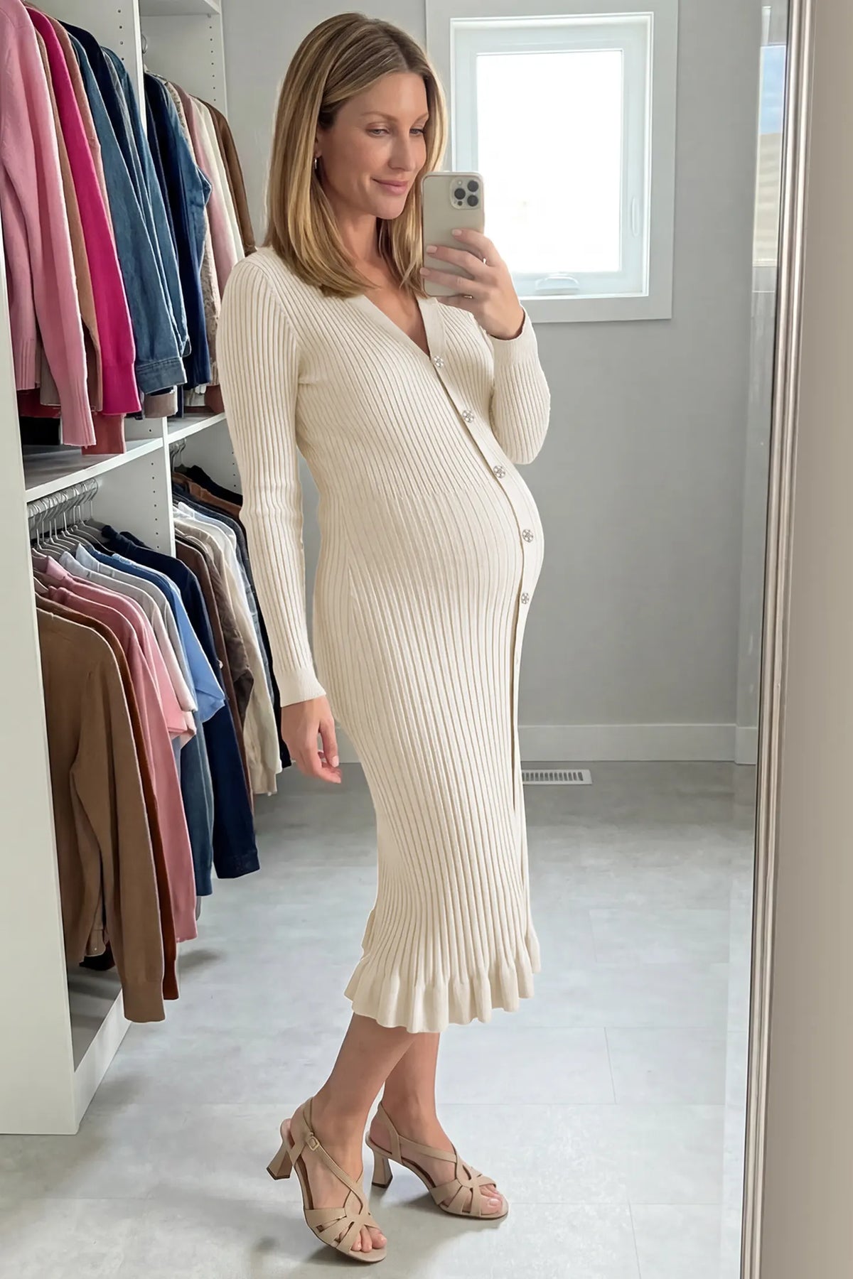 Ribbed V-Neck Maternity Midi Sweater Dress