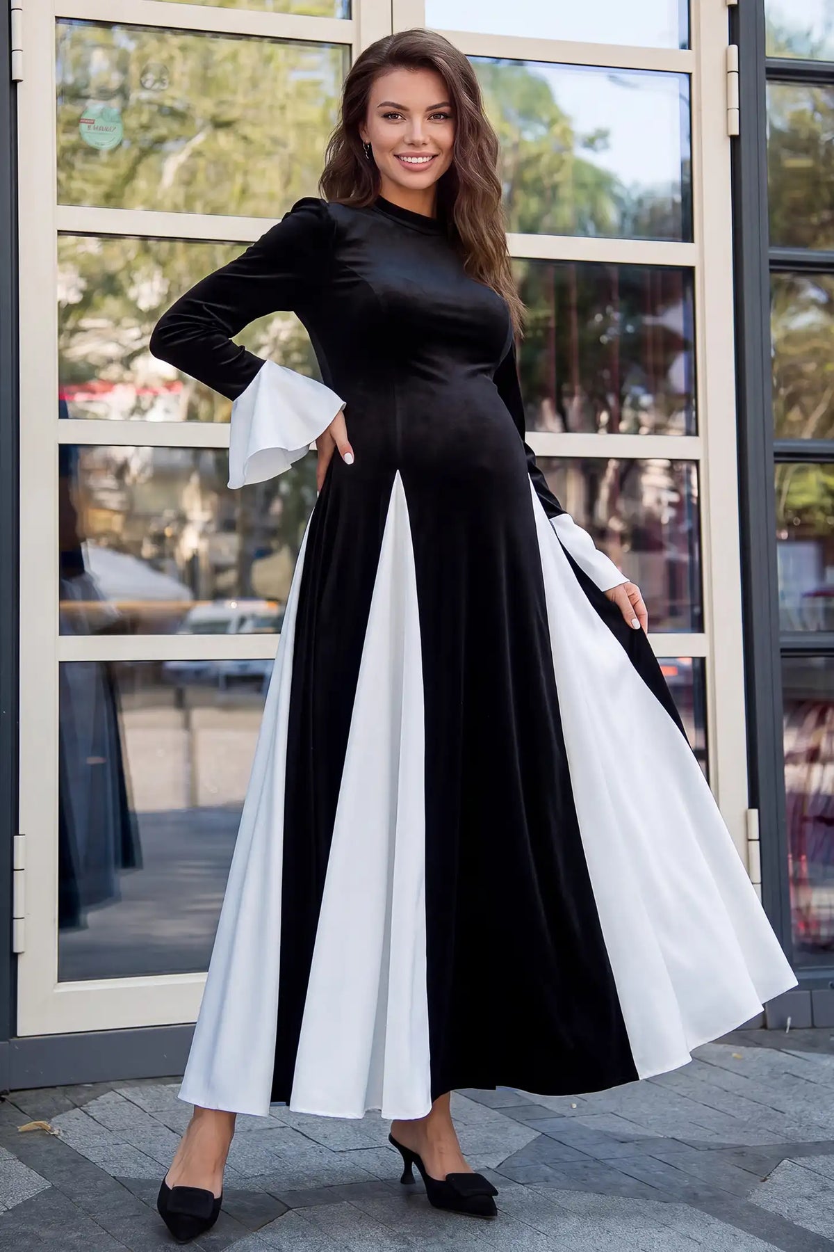 Mock Neck Long Sleeve Contrast Maternity Maxi Dress