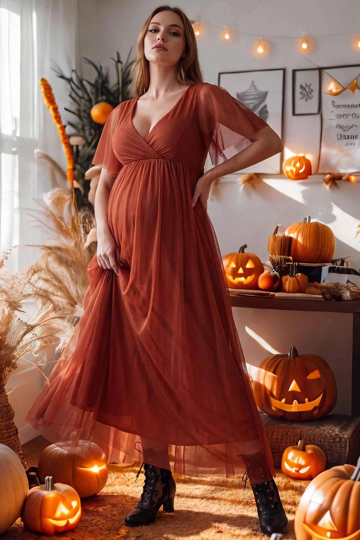 Chiffon Flutter Sleeve V-Neck Maternity Maxi Dress