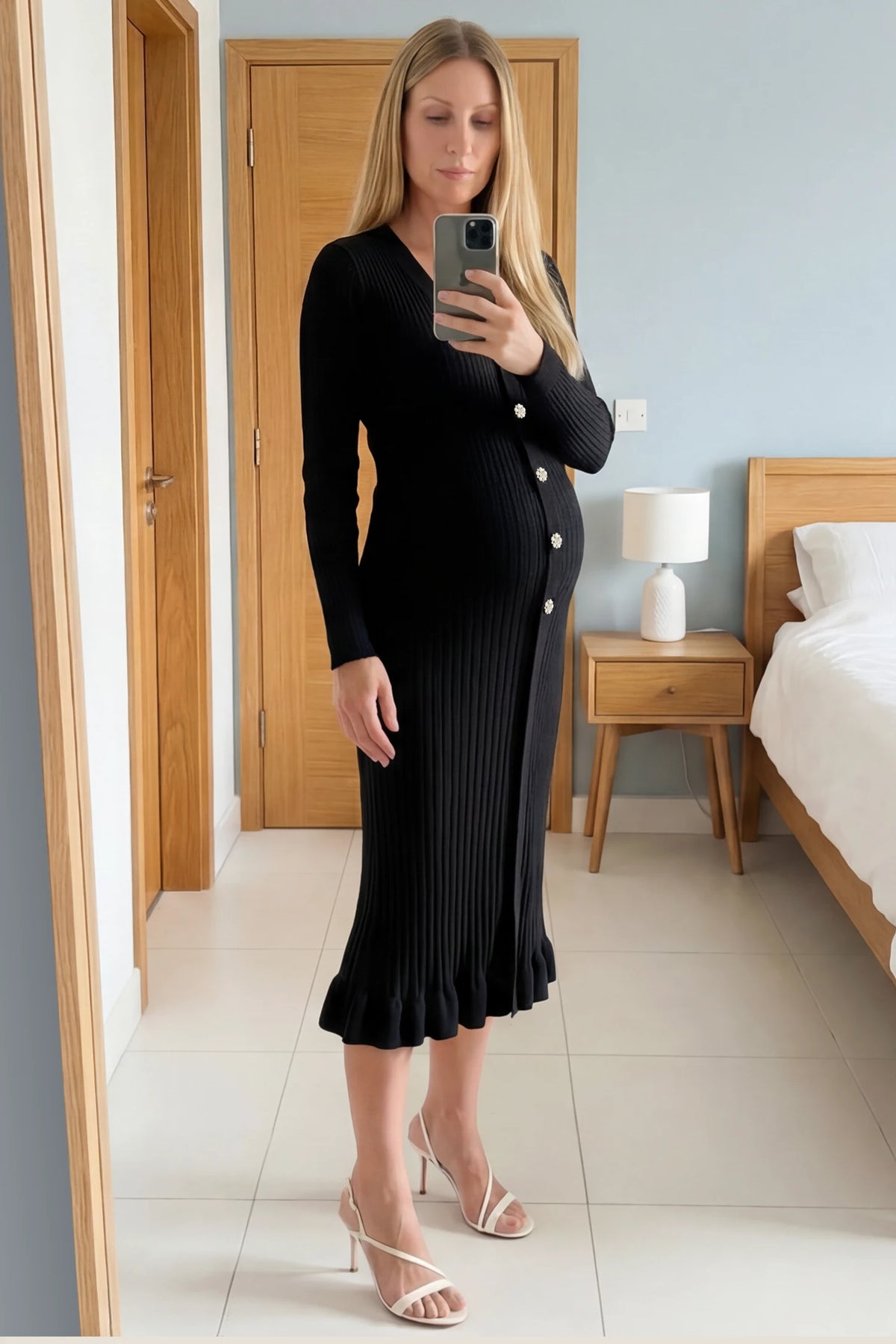 Ribbed V-Neck Maternity Midi Sweater Dress