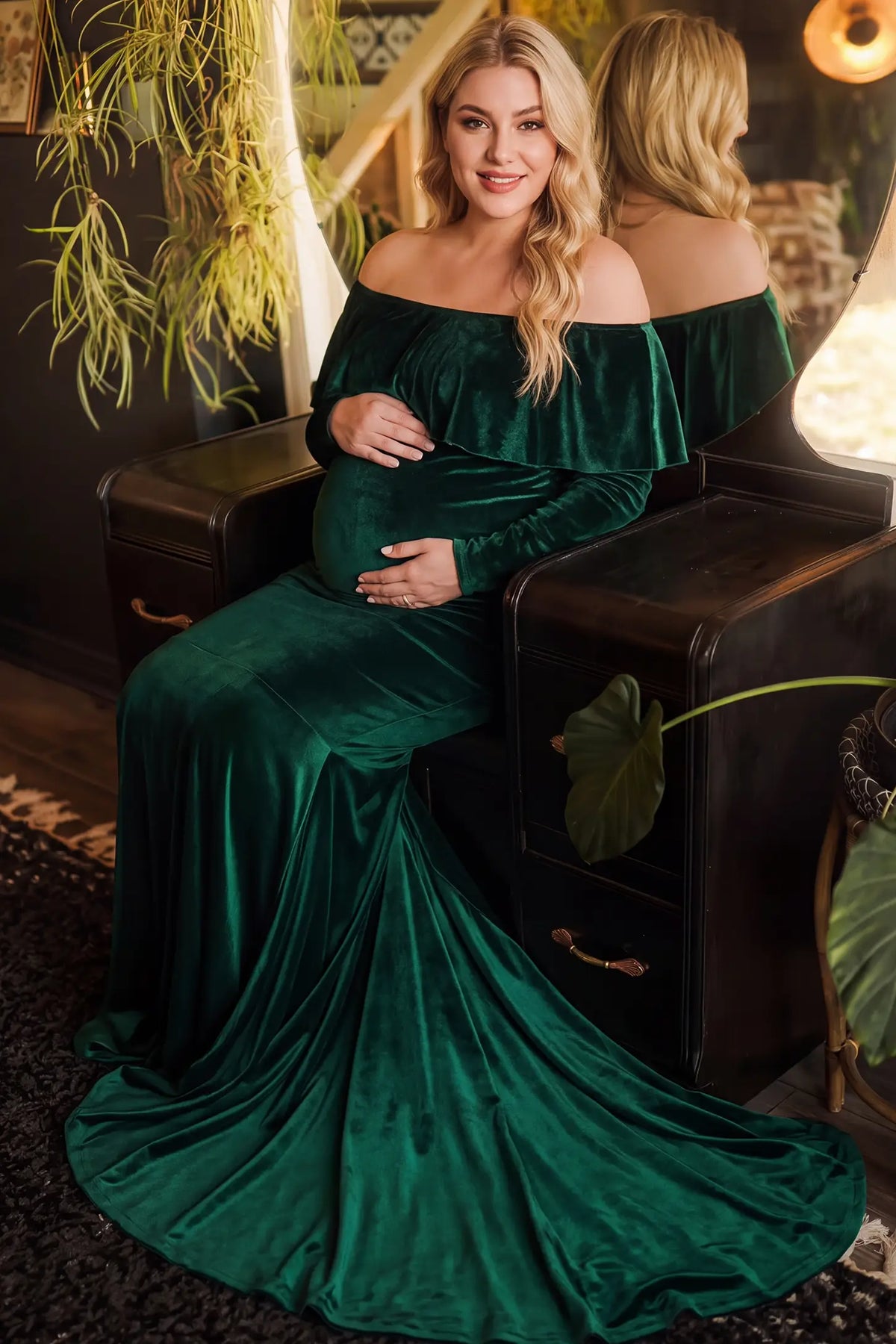 Velvet Off Shoulder Long Sleeve Maternity Mermaid Gown