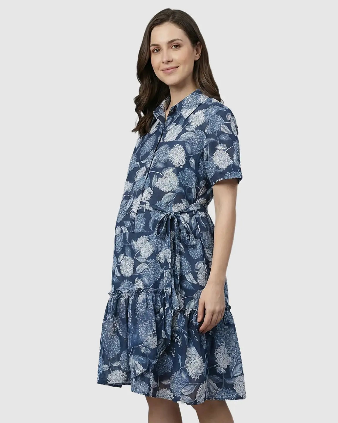 Floral-Lapel Casual Maternity Midi Dress