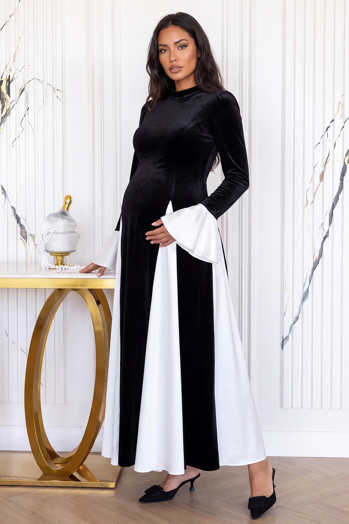 Mock Neck Long Sleeve Contrast Maternity Maxi Dress