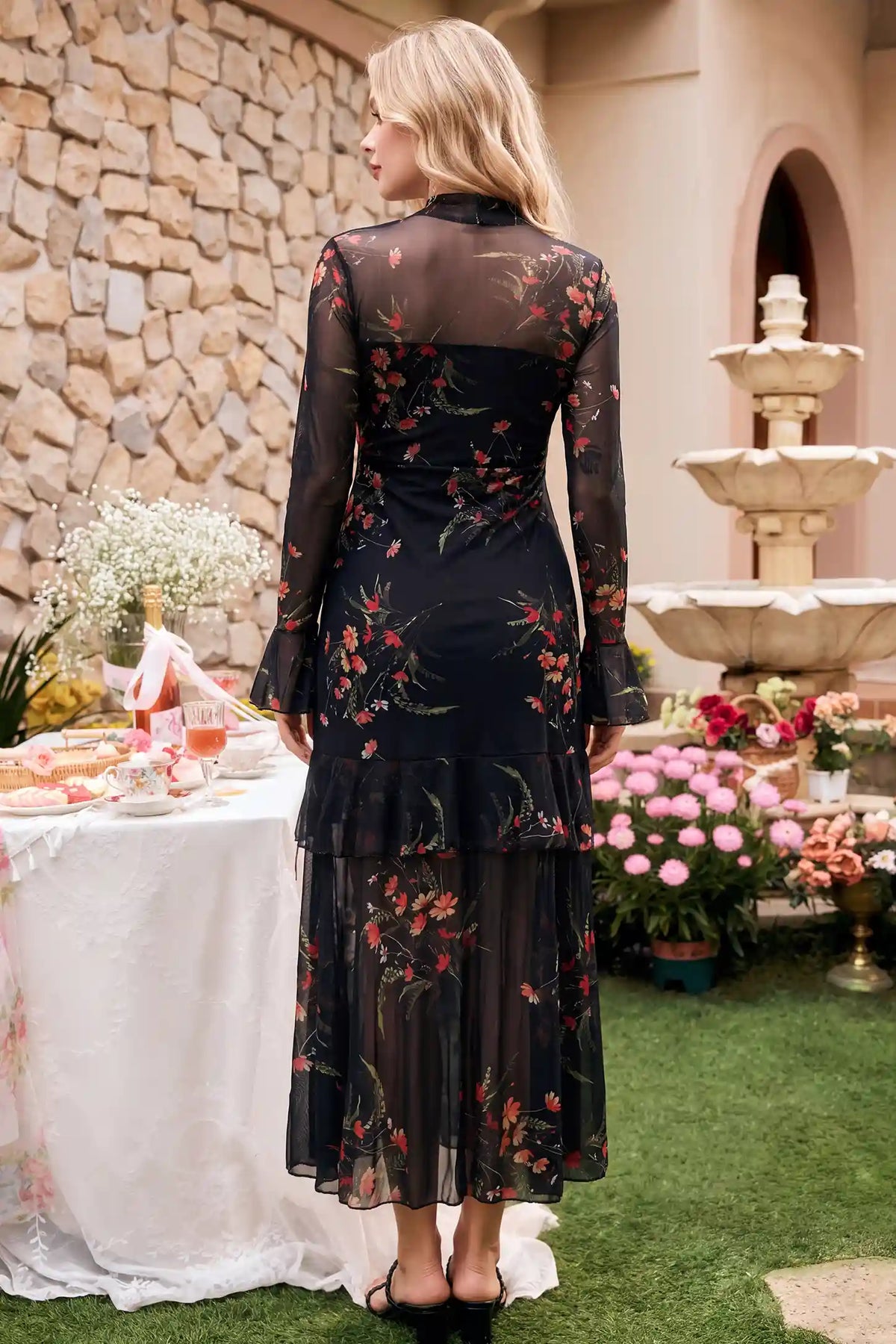 High Neck Long Sleeve Mesh Floral Maternity Dress