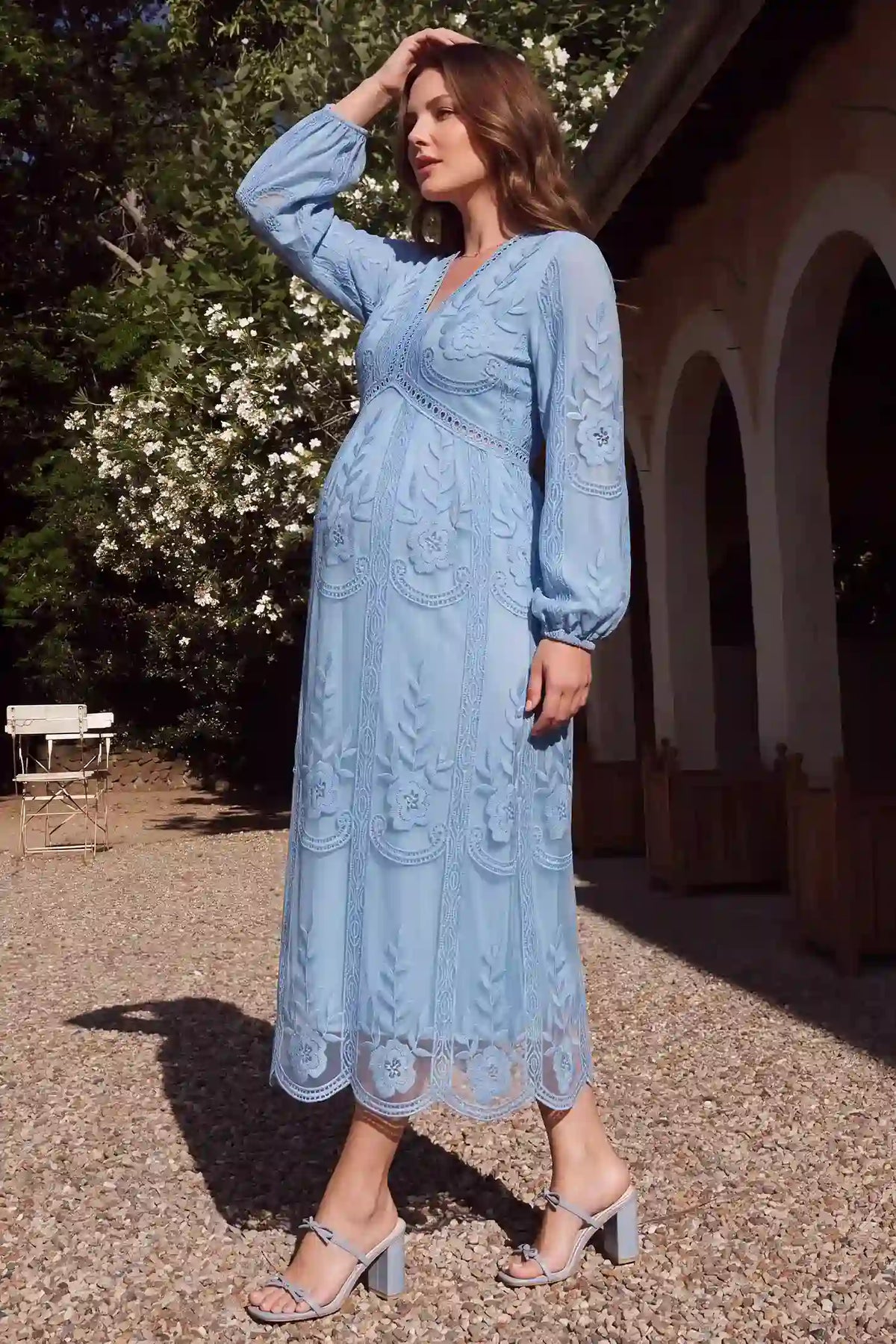 V-Neck Long Sleeve Lace Maternity Dress